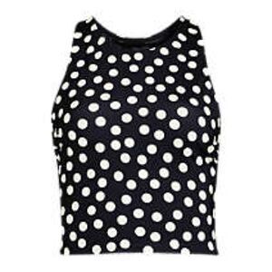 Land's End Tankini top Racer Back High Neck Midkini black egret polkadot Var
